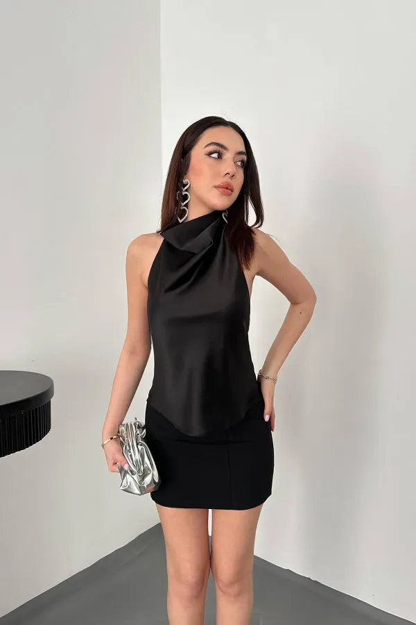 Toptan Siyah Degaje Saten Bluz