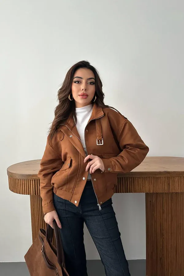 Toptan Camel Dik Yakalı Kısa Ceket