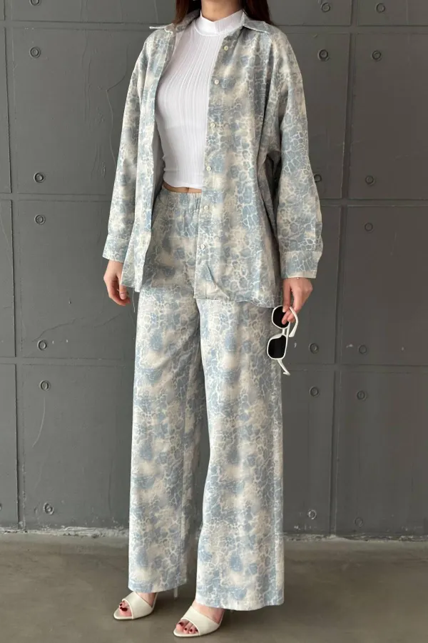 Wholesale Blue Leopard Patterned Jacket and Trousers Linen Suit