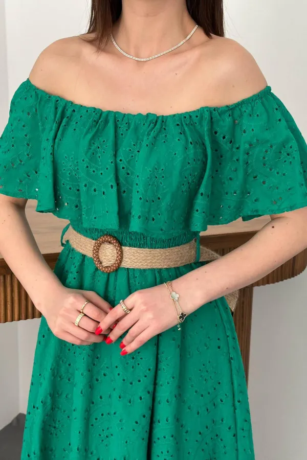 Robe brodée verte à épaules élastiques en gros