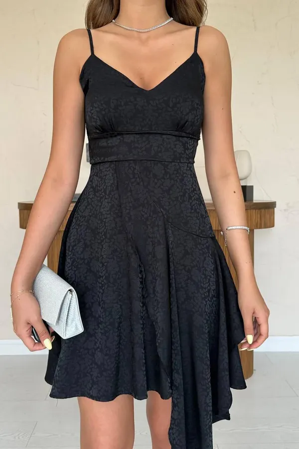 Toptan Siyah Jakarlı Asimetrik Elbise