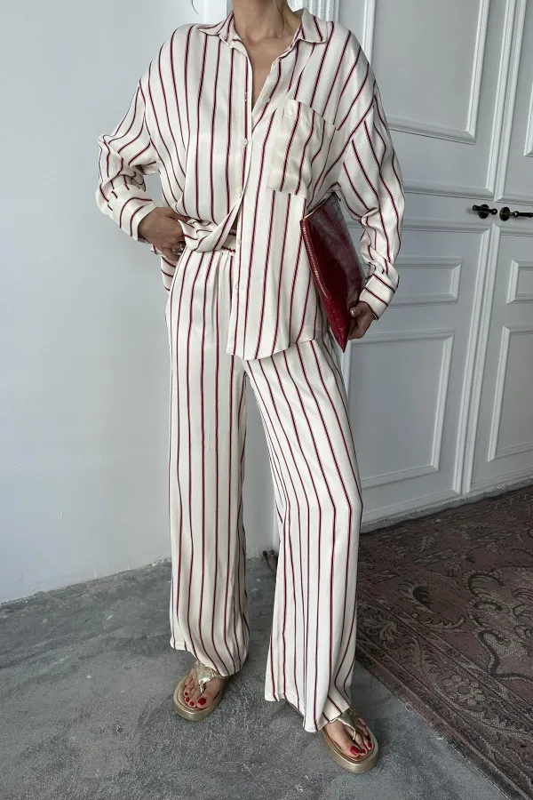 Toptan Bordo Çizgili Saten Takım