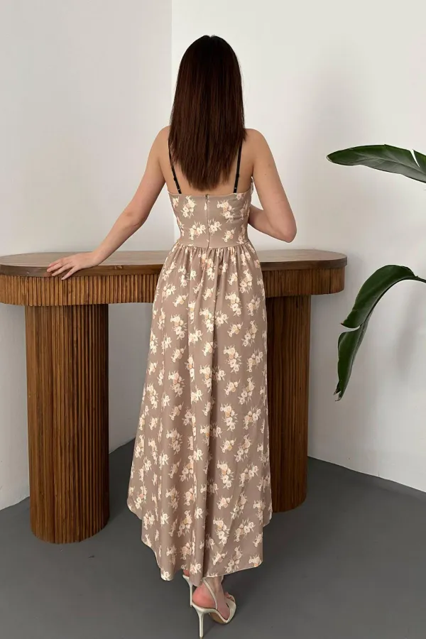Toptan Kahverengi Önü Fiyonklu Çiçekli Elbise