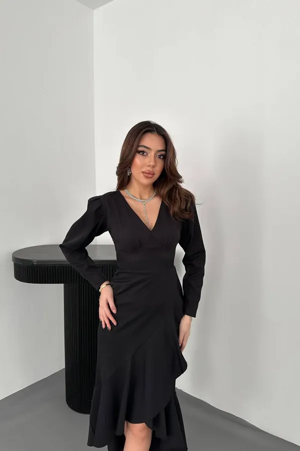 Toptan Siyah Volanlı Atlas Elbise