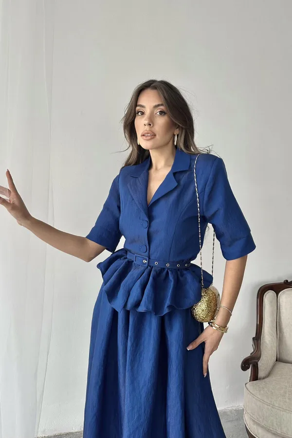 Ensemble veste à volants fine et jupe froncée bleu marine en gros
