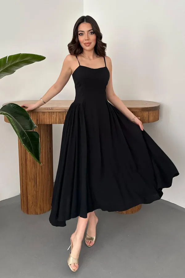 Toptan Siyah Göğüs Kuplu Uzun Büzgülü Elbise