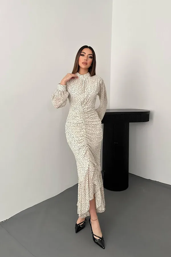 Toptan Bej Balık Şifon Elbise