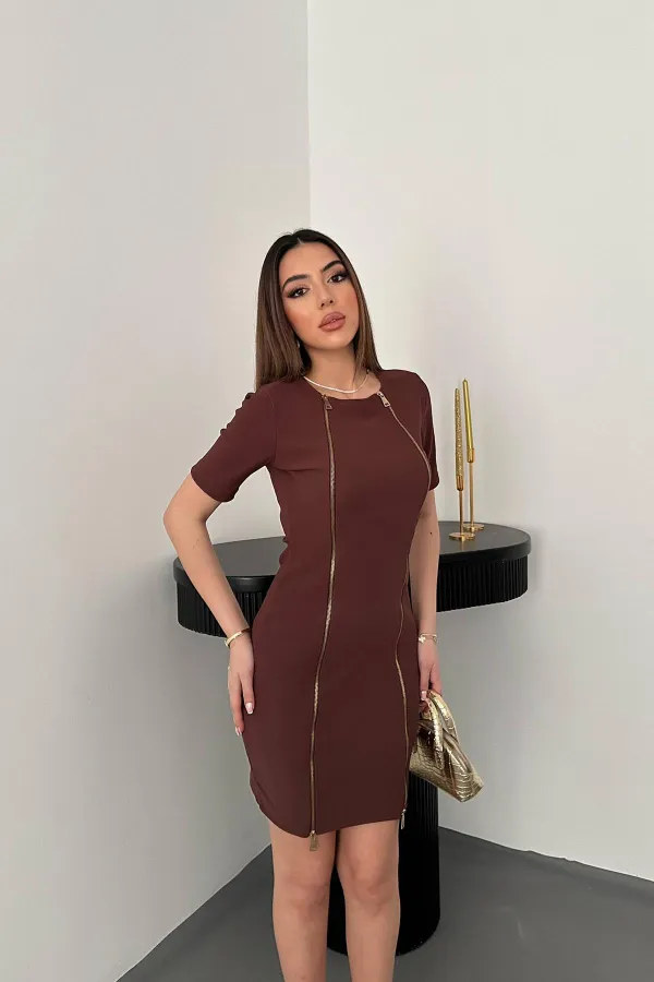 Toptan Kahverengi Fermuarlı Ottoman Elbise
