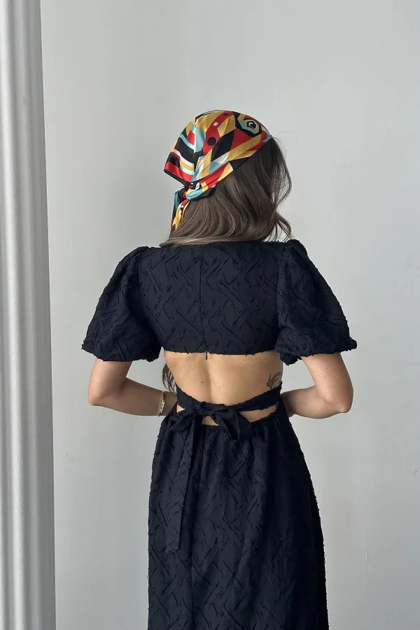 Toptan Siyah Balon Kol Kuşaklı Elbise