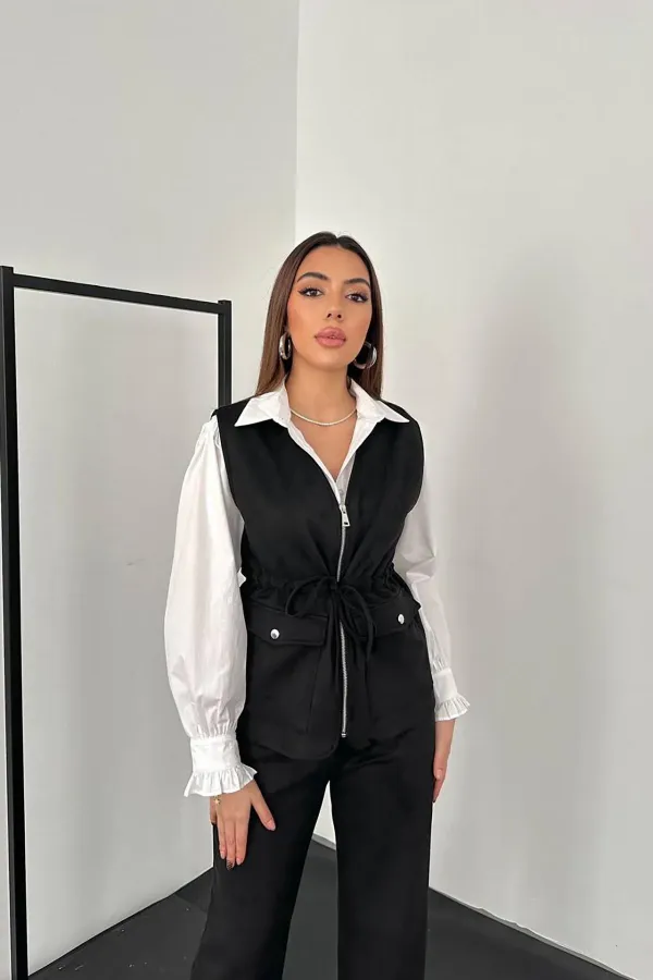 Ensemble gilet et pantalon en daim noir en vente en gros