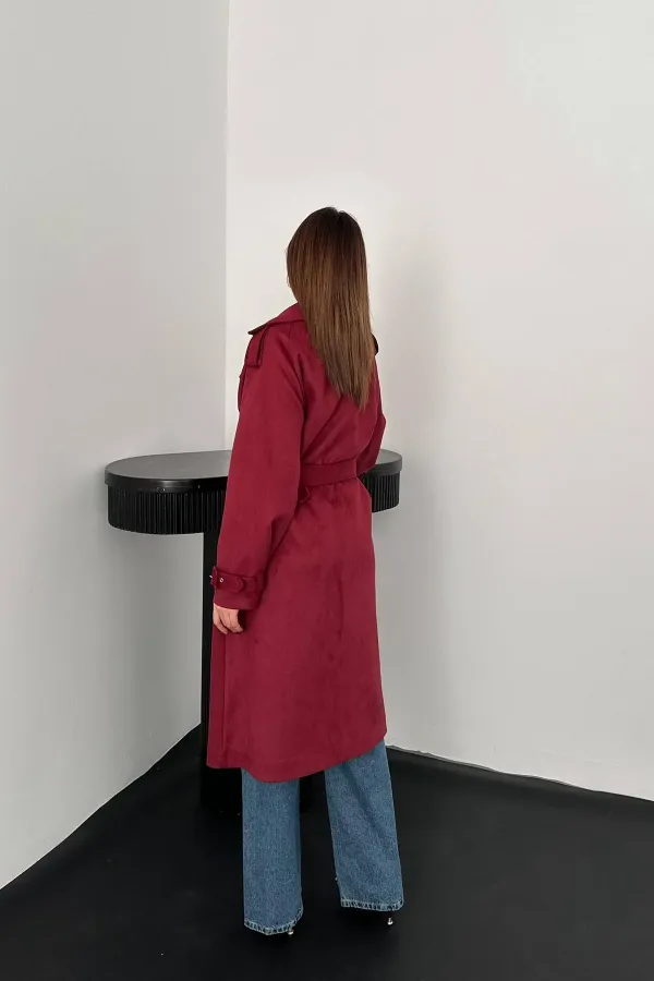 Toptan Bordo Reglan Kollu Süet Trençkot