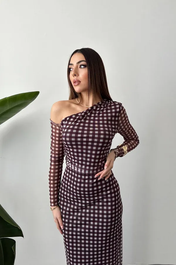 Toptan Kahverengi Ekose Desen Tül Elbise