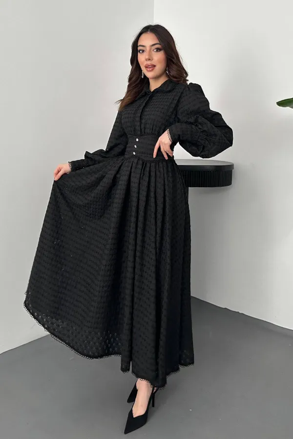 Toptan Siyah Brode Kemerli Fisto Elbise