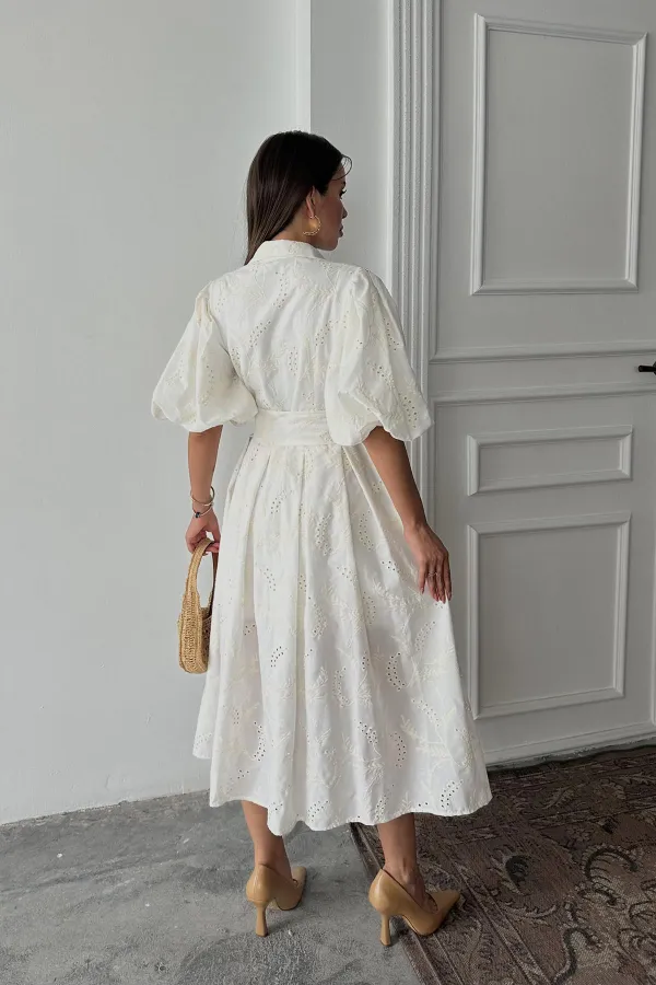 Toptan Ekru Pileli Balon Kol Elbise