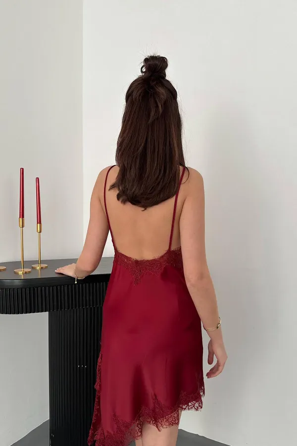 Toptan Bordo Dantelli Elbise