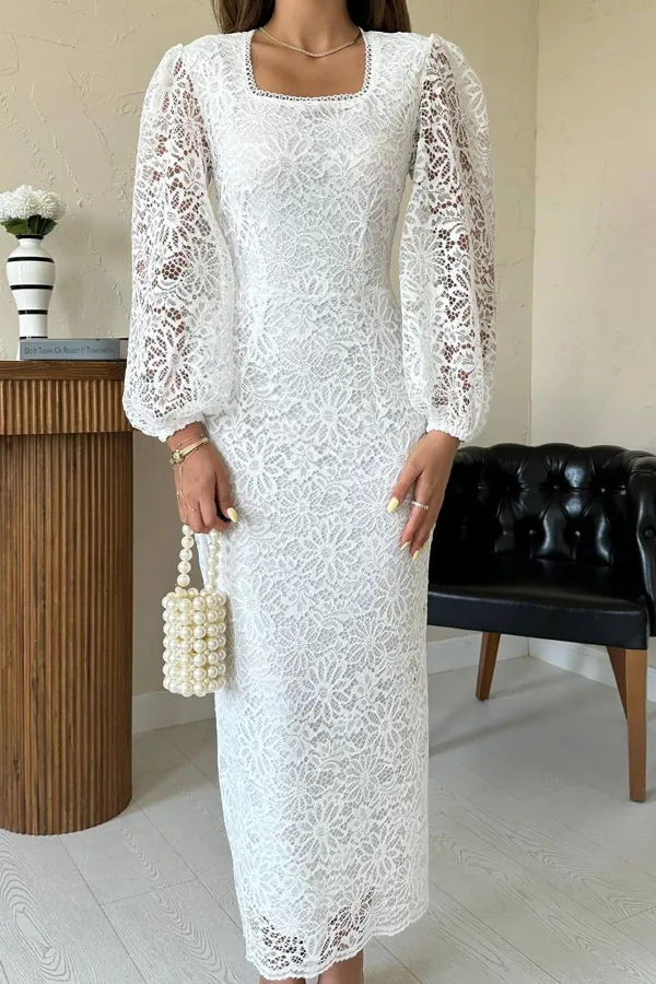 Toptan Beyaz Güpür Detaylı Dantel Elbise
