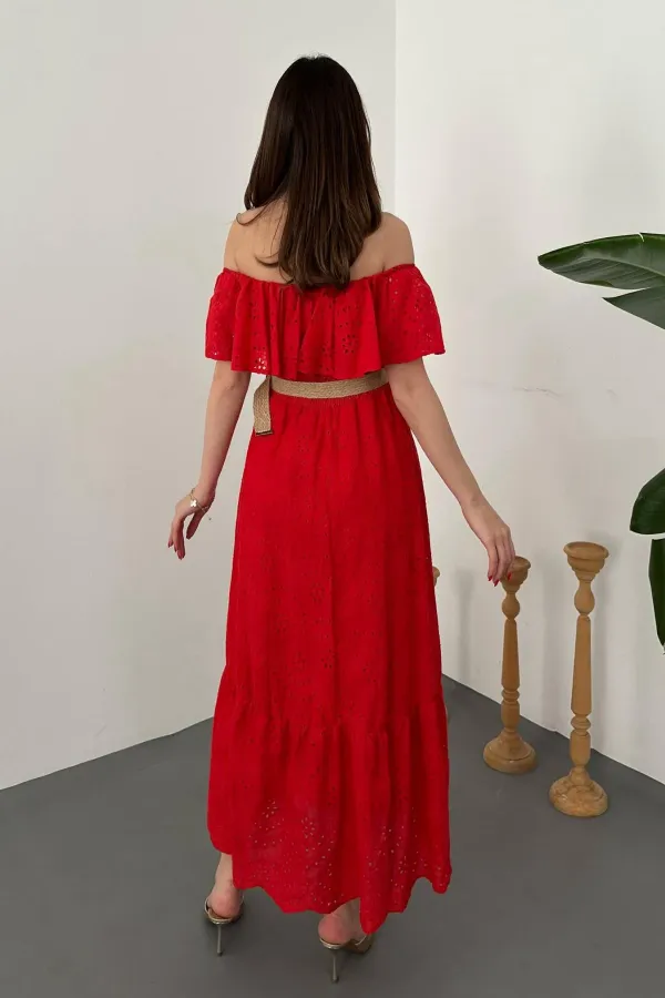 Wholesale Red Elastic Shoulder Embroidered Dress