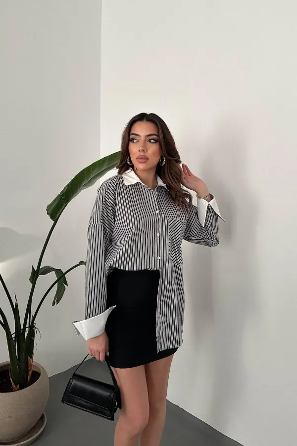 Chemise à manches longues en popeline noire à rayures en gros