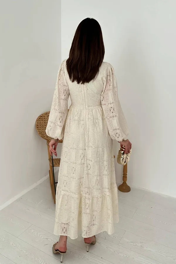 Toptan Ekru Dantelli Elbise