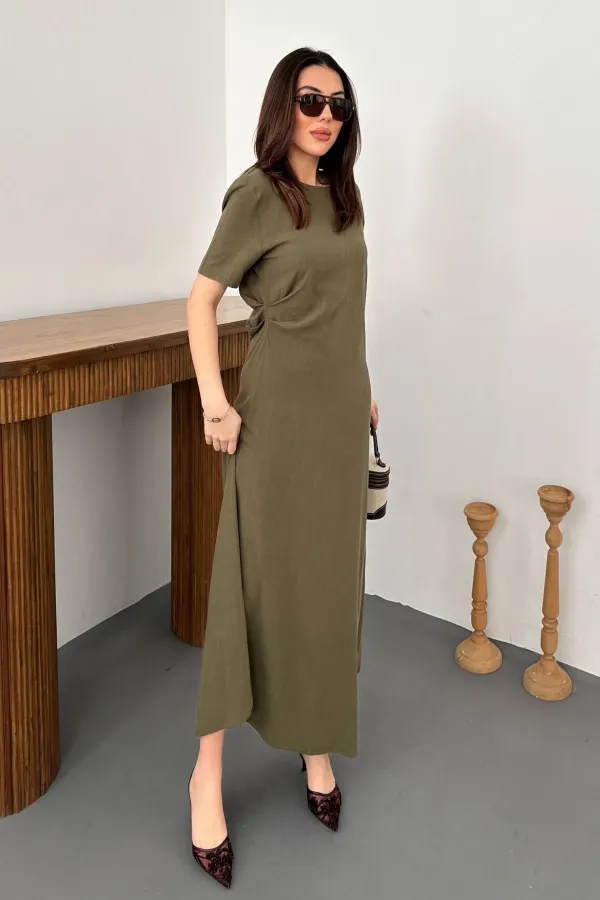 Toptan Haki Pileli Bisiklet Yaka Elbise