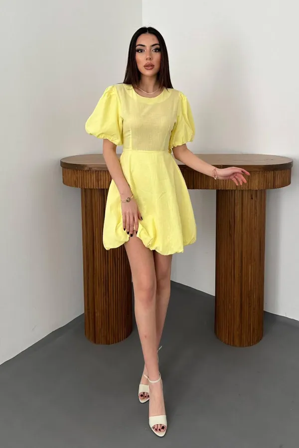 Toptan Sarı Arkadan Bağlamalı Keten Elbise