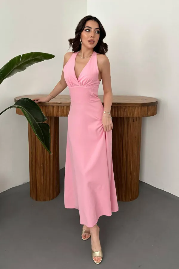 Toptan Pembe Atlas Göğüs Kuplu Elbise