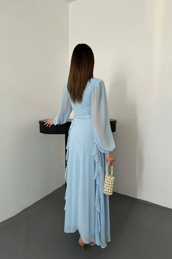 Robe en mousseline bleu ciel avec ceinture, vente en gros