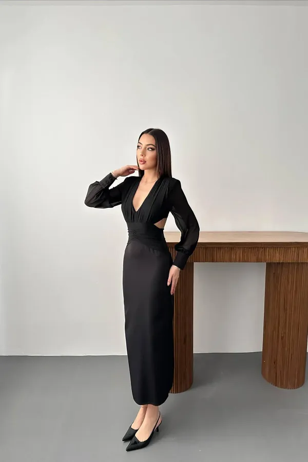 Robe noire en mousseline de soie avec manches et détails à la taille dans le dos, vente en gros