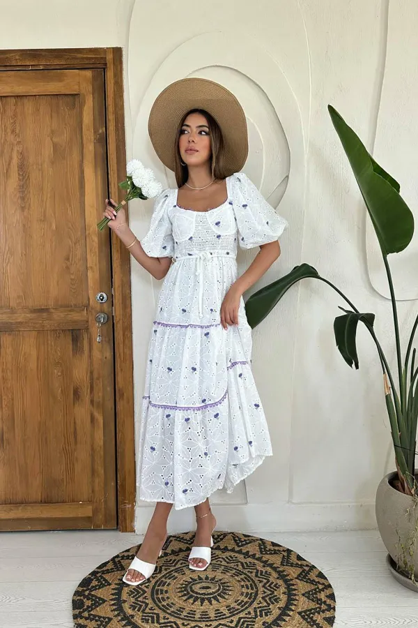 Robe brodée détaillée en dentelle lilas en gros