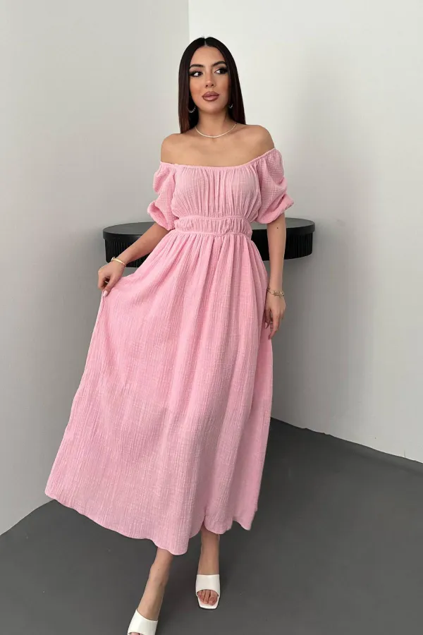 Robe en mousseline de lin rose à col froncé, vente en gros