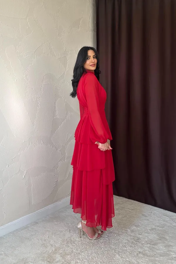 Toptan Kırmızı Bel Detaylı Elbise