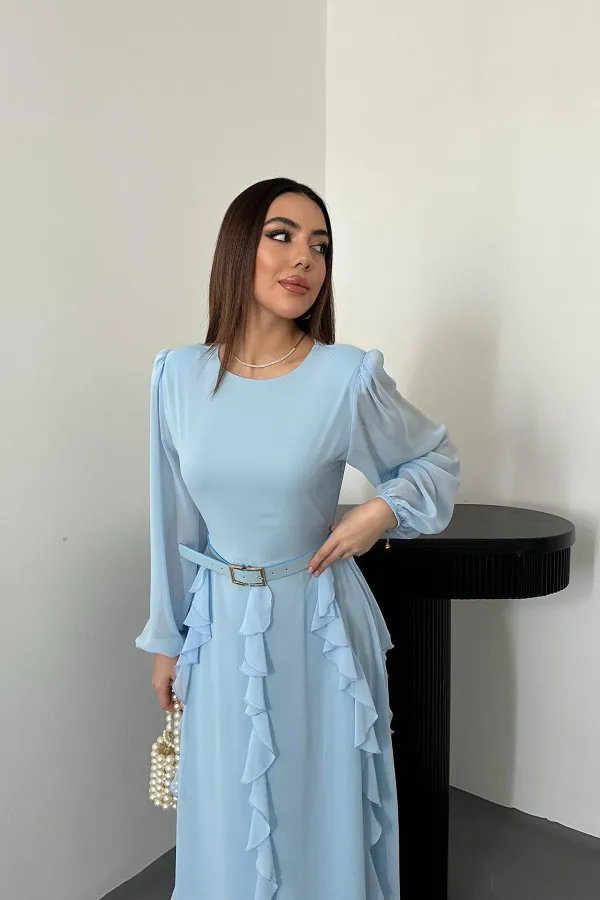 Robe en mousseline bleu ciel avec ceinture, vente en gros