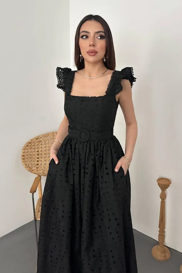 Toptan Siyah Dantelli Brode Elbise