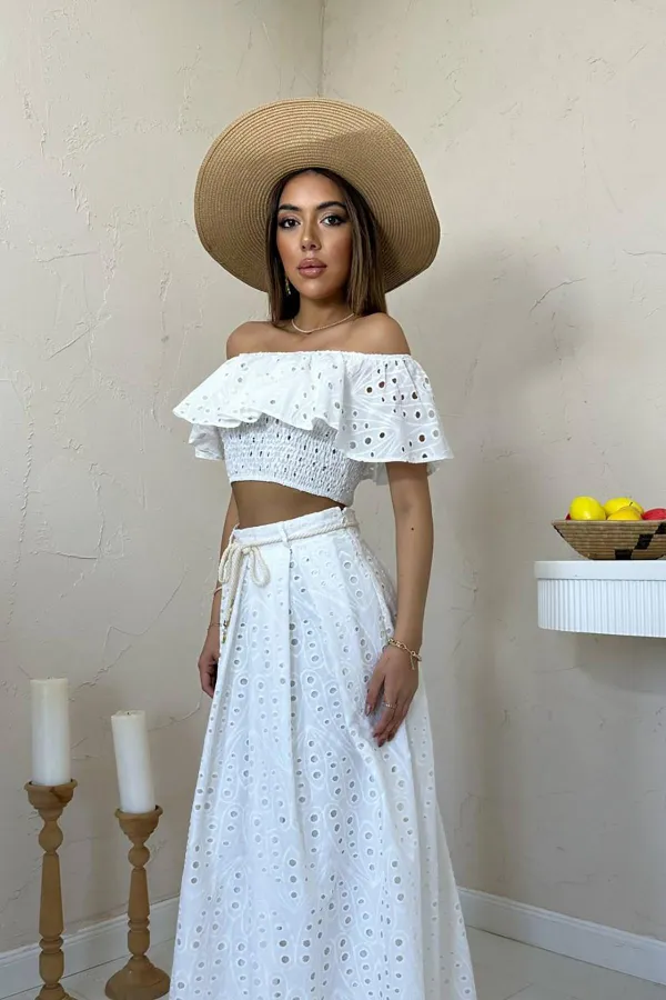 Wholesale White Gipel Blouse Skirt Set