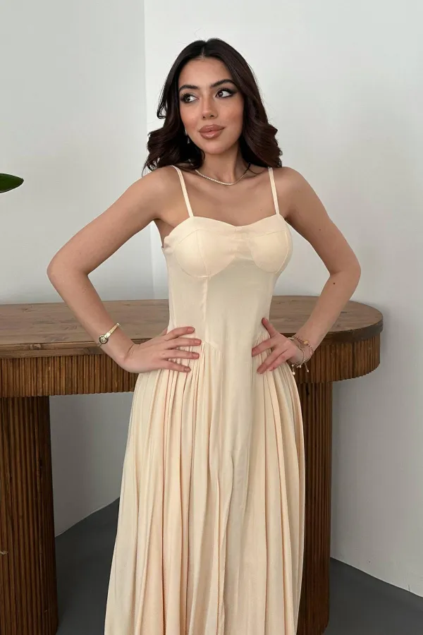 Toptan Bej Göğüs Kuplu Uzun Büzgülü Elbise