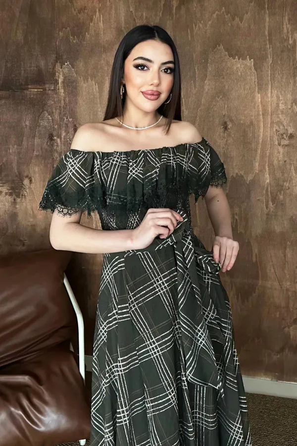 Robe en dentelle à carreaux kaki en gros