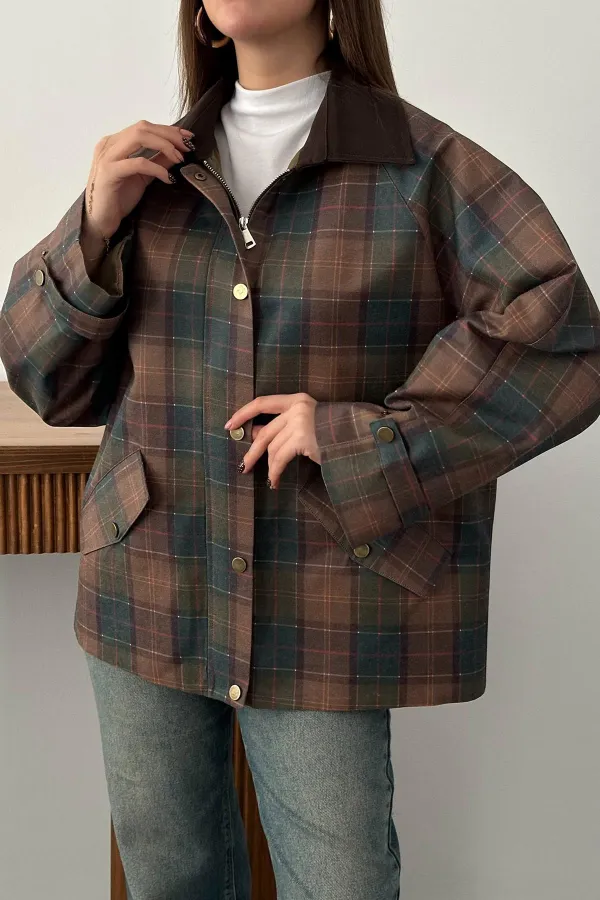 Wholesale Burgundy Collar Plaid Jacket with Garnish