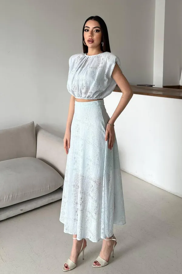 Toptan Mavi Dantelli Bluz Ve Etek Takım