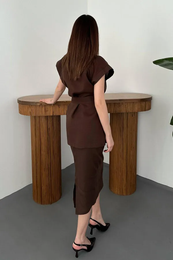 Toptan Kahverengi Cepli Gömlek Ve Etek Takım