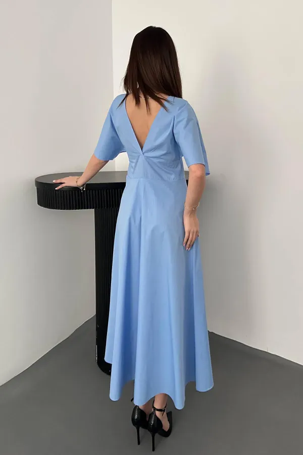 Toptan Mavi Düğmeli Midi Boy Poplin Elbise