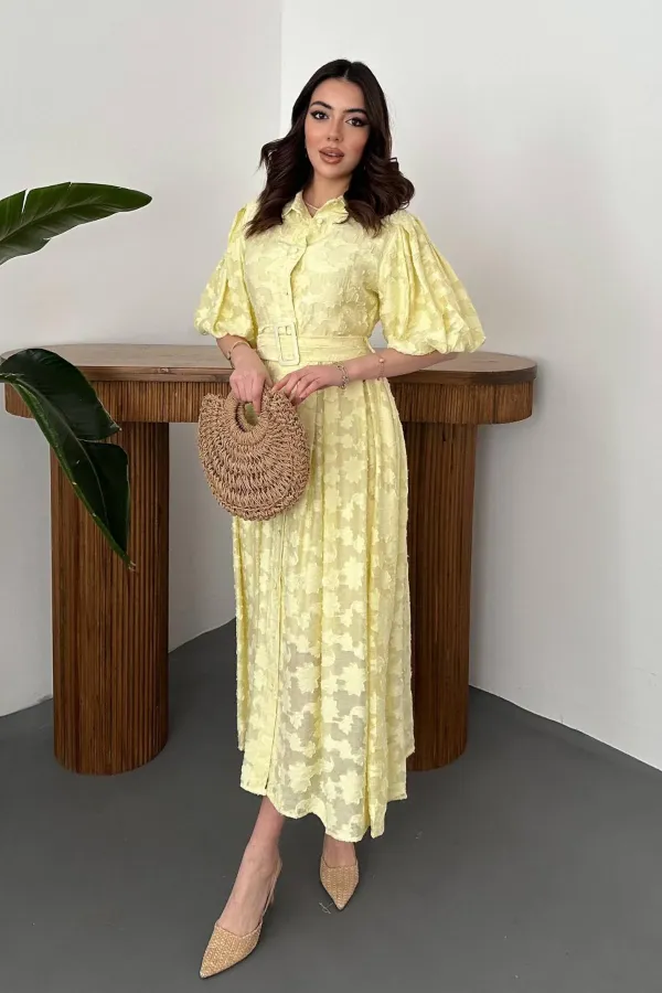 Robe jaune à manches ballon avec ceinture en gros