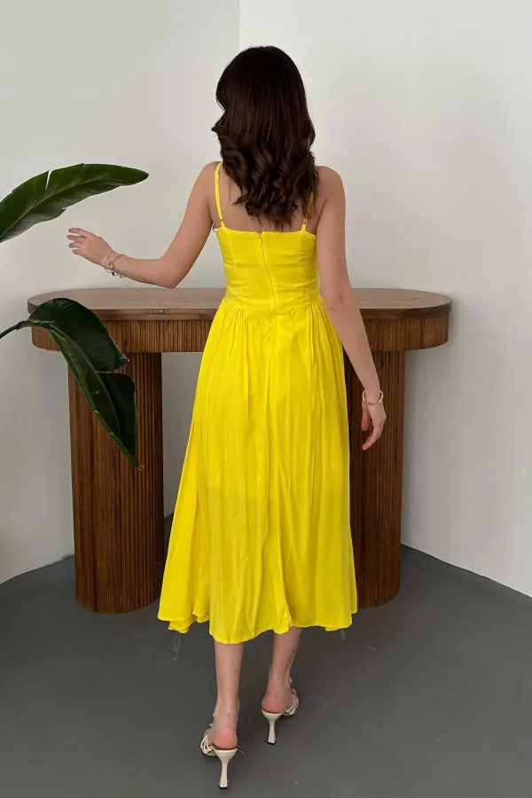 Toptan Sarı Göğüs Kuplu Uzun Büzgülü Elbise
