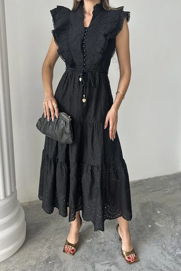 Robe boutonnée à volants noire en gros