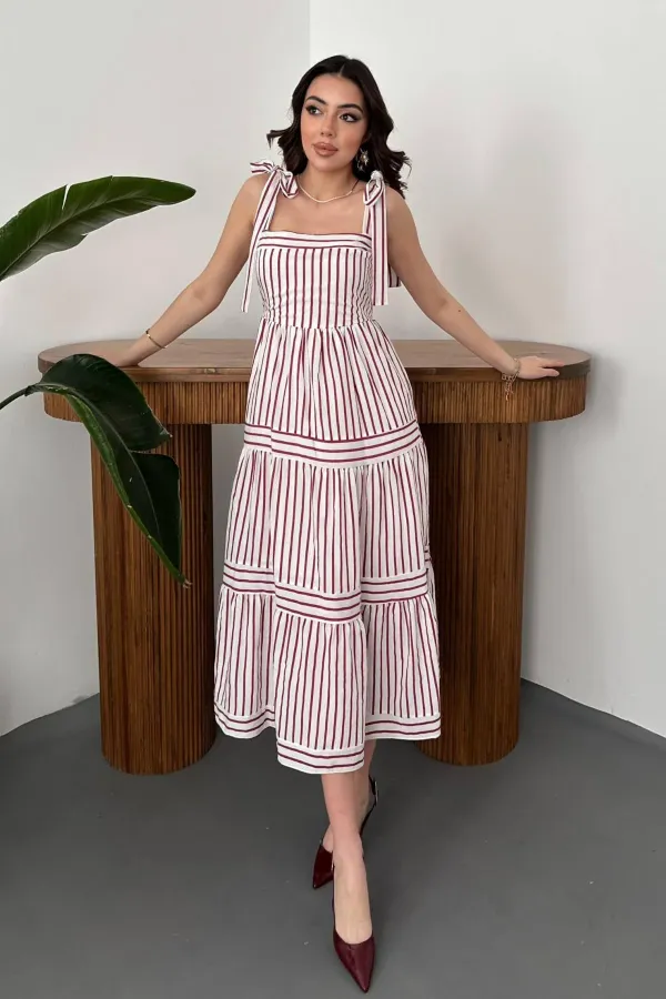 Toptan Bordo Omuzdan Bağlamalı Çizgili Elbise