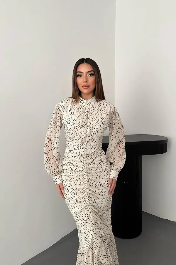 Toptan Bej Balık Şifon Elbise