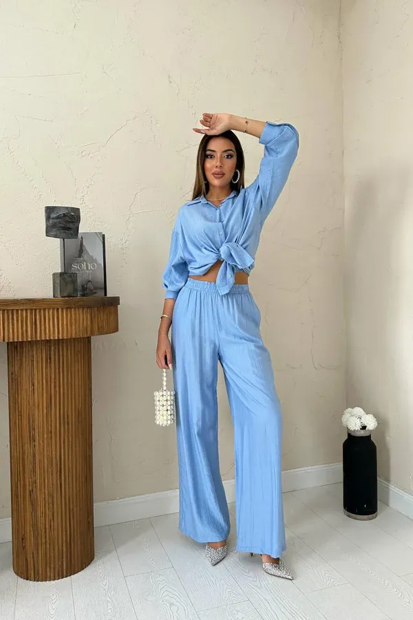 Ensemble chemise et pantalon ample bleu Alice en gros