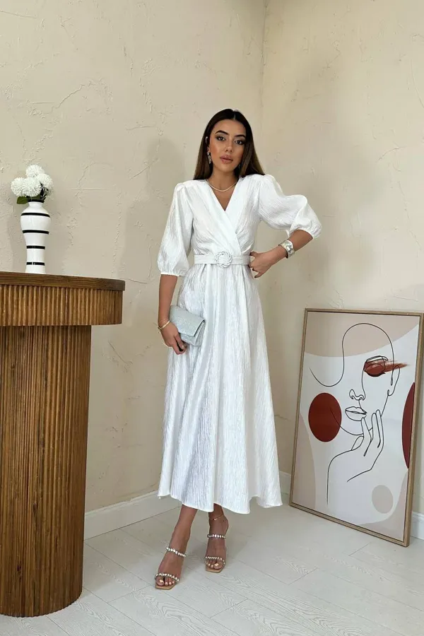 Toptan Beyaz Işıltılı Kemerli Kruvaze Elbise