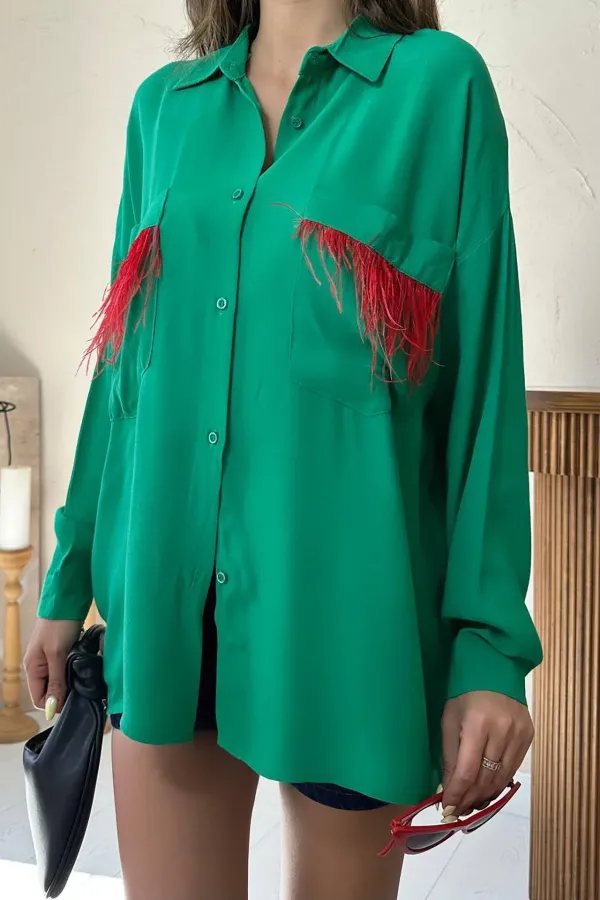 Toptan Yeşil Cepli Püsküllü Gömlek