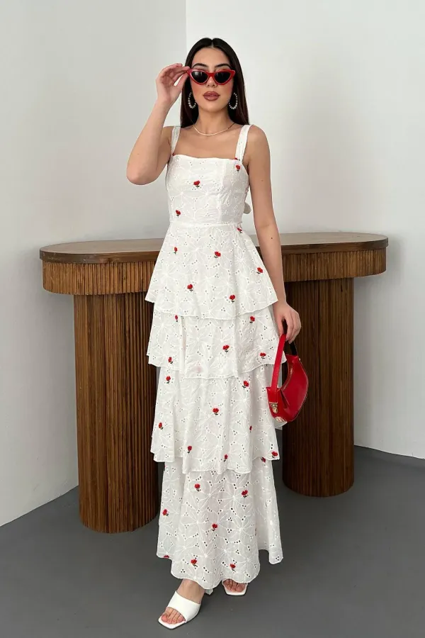 Toptan Kırmızı Kat Kat Arkası Bağlamalı Elbise