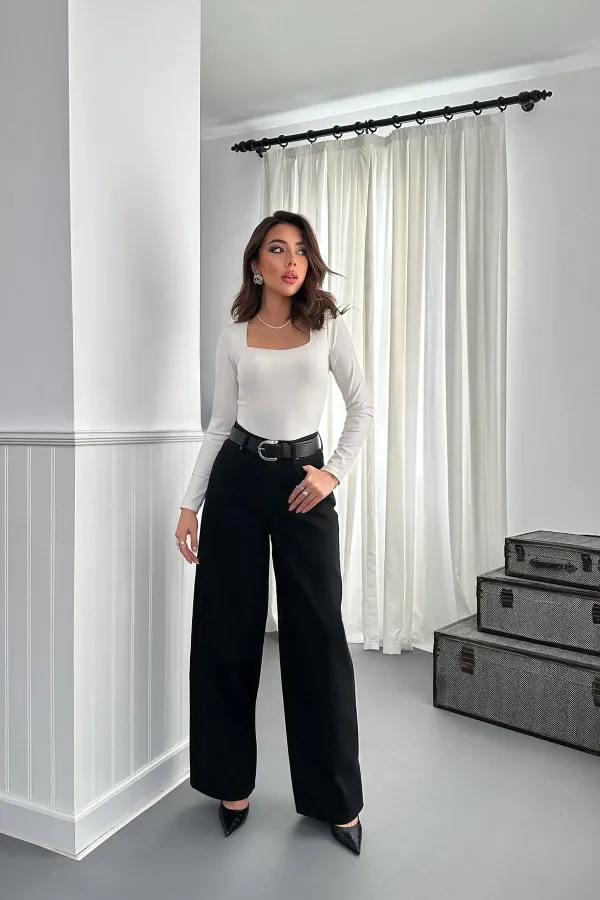 Toptan Siyah Geniş Paça Jeans Pantolon